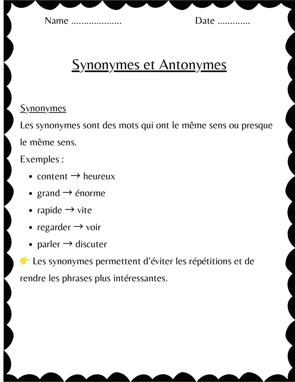 French synonym lesson defining similar meanings, with five examples including content → heureux (happy)
