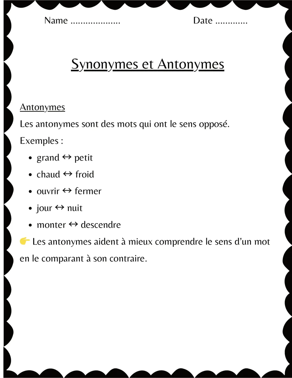 French antonym lesson defining opposite meanings, with five examples including grand ↔ petit (big ↔ small)