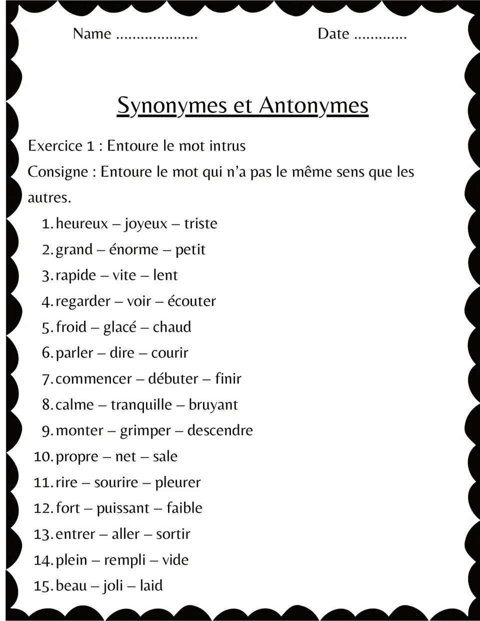 French exercise 1: circle the word that differs in meaning in 15 groups, including heureux–joyeux–triste