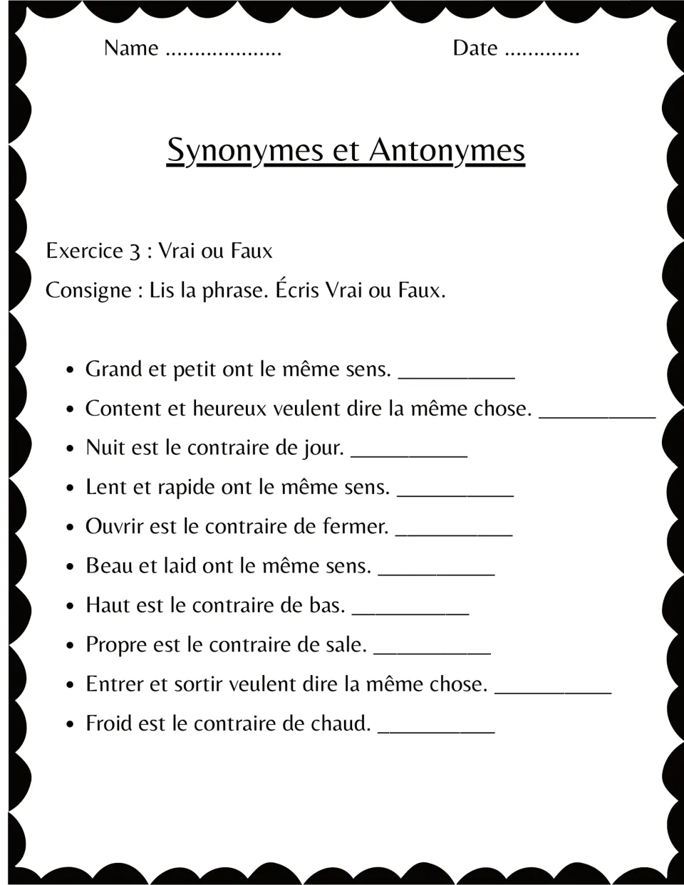 French exercise 3: mark 10 statements true or false about word meanings, including nuit (night) and jour (day)