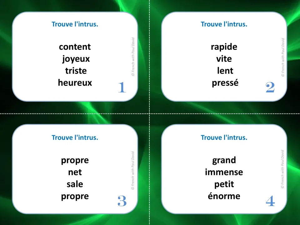 French synonym cards 1–4: find the odd word in groups including content (happy) and rapide (fast).