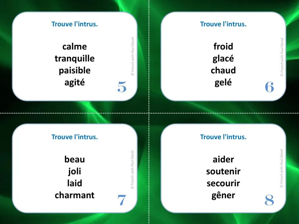 French synonym cards 5–8: find the odd word in groups about calm, cold, beauty, and helping.