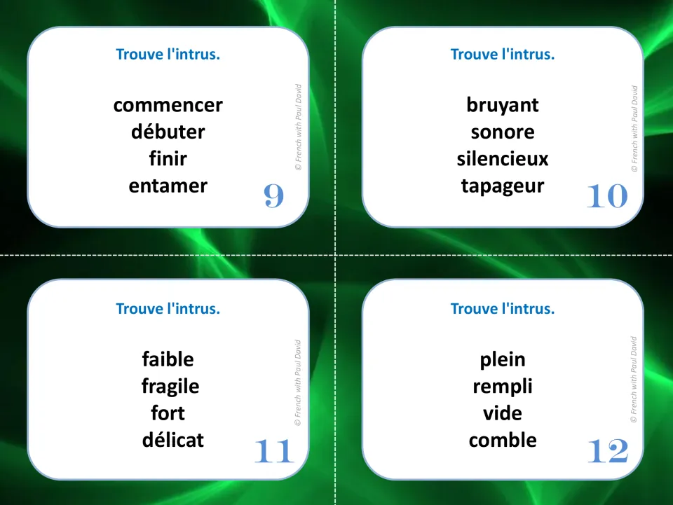 French synonym cards 9–12: find the odd word in groups including commencer (begin) and plein (full).