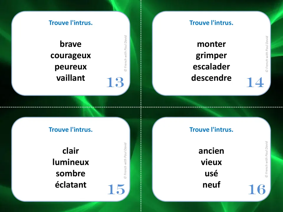 French synonym cards 13–16: find the odd word in groups about bravery, climbing, brightness, and age.
