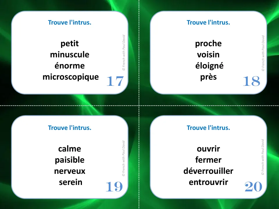 French synonym cards 17–20: find the odd word in groups including petit (small) and ouvrir (open).