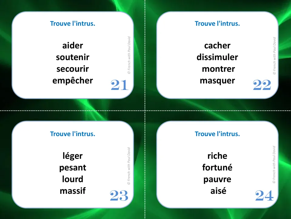 French synonym cards 21–24: find the odd word in groups about helping, hiding, weight, and wealth.