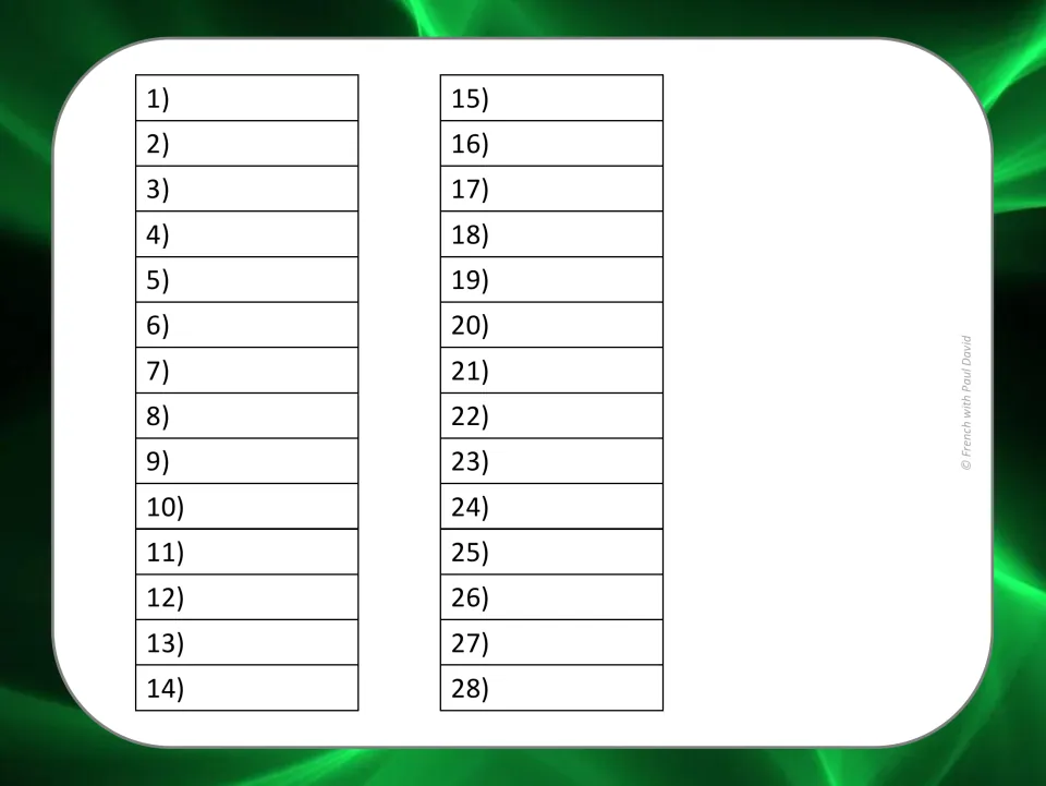 Student recording sheet for the 28 French synonym task cards, with numbered spaces for answers 1–28.