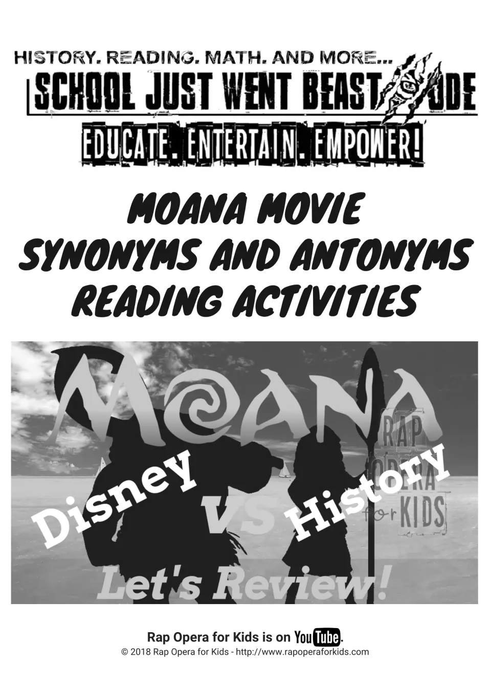 Cover of the Moana synonyms and antonyms reading packet, introducing a Disney-versus-history comparison