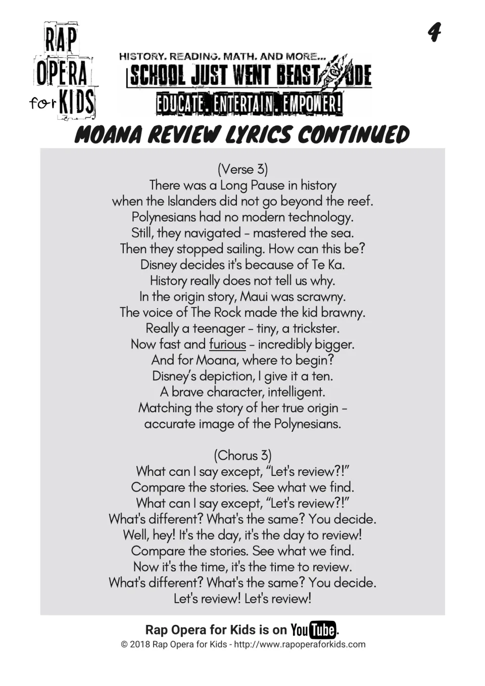 Second review lyrics page: verse 3 discusses the Long Pause, navigation, Maui's portrayal, and Moana's bravery