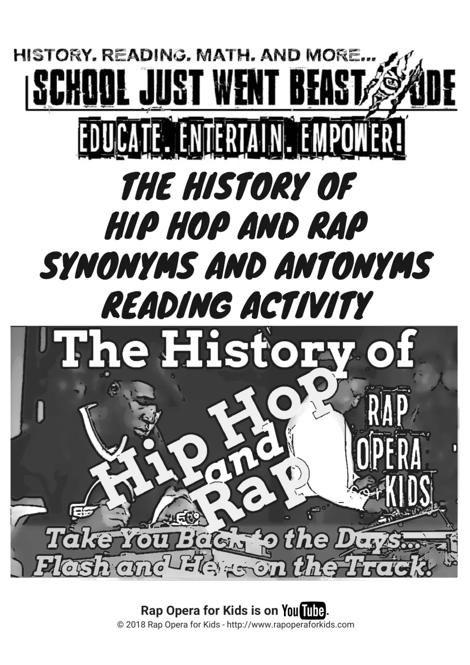 Cover: History of Hip Hop and Rap synonyms and antonyms reading activity, with a Rap Opera for Kids DJ graphic