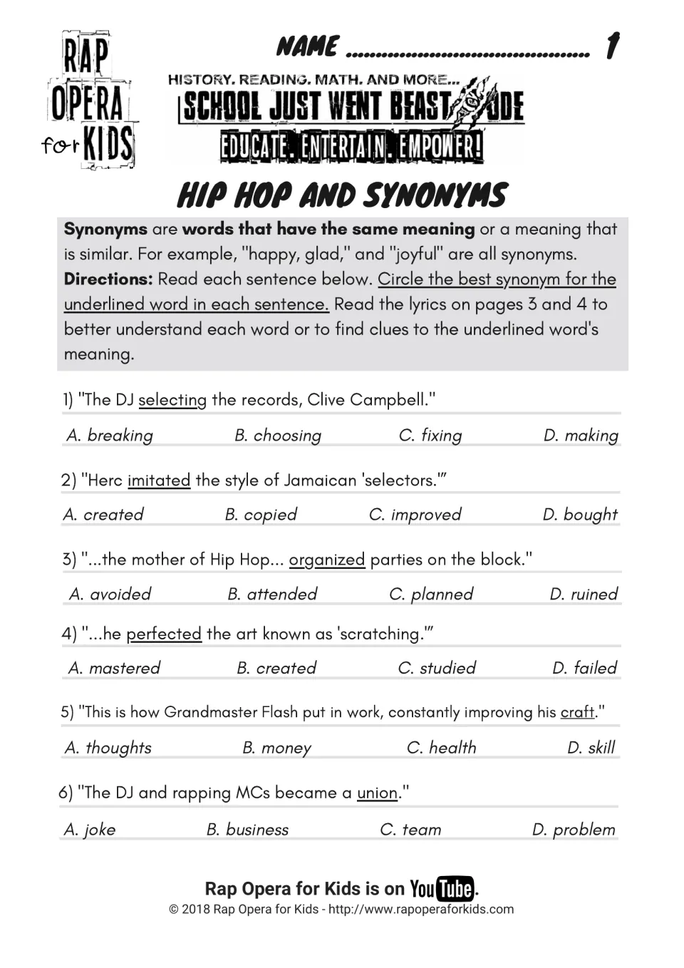Hip Hop and Synonyms: students circle the best synonym for underlined words like selecting, imitated and union