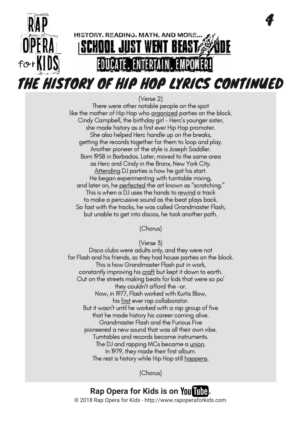 Lyrics continued, Verses 2 and 3: Cindy Campbell, Grandmaster Flash's scratching and the Furious Five's 1979 album