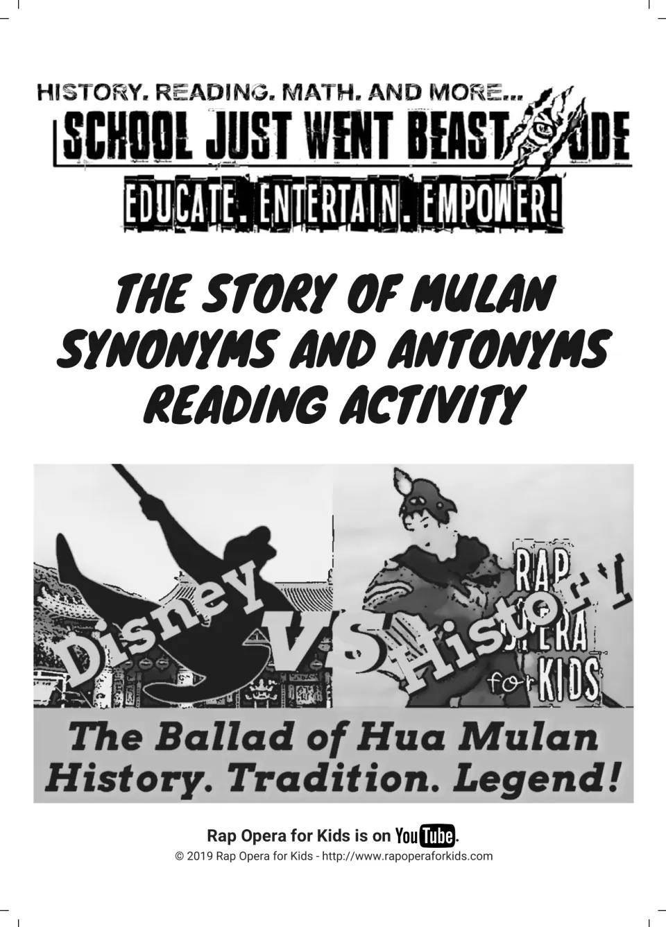 Cover: The Story of Mulan synonyms and antonyms reading activity, with a Disney vs. History Ballad of Hua Mulan banner