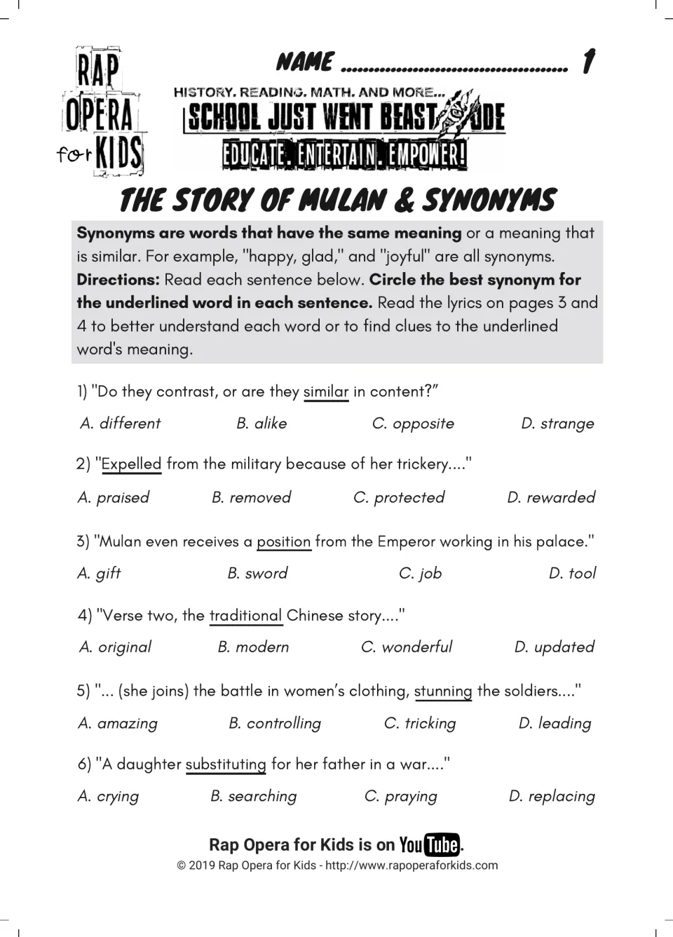 Mulan synonyms: students circle the best synonym for six underlined lyric words, such as similar, expelled and substituting