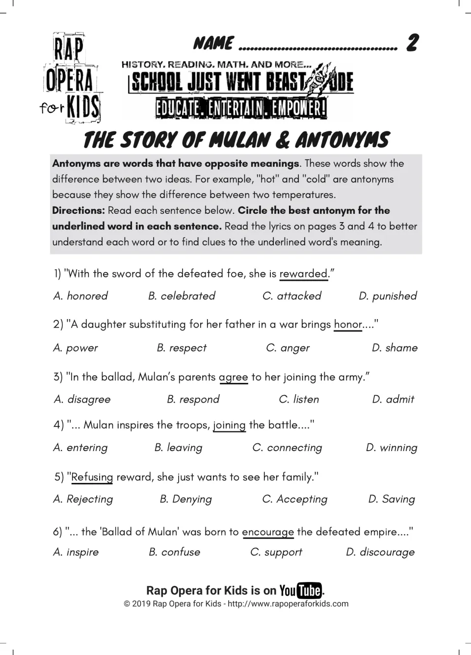 Mulan antonyms: students circle the opposite of six underlined lyric words, including rewarded, honour, agree and encourage