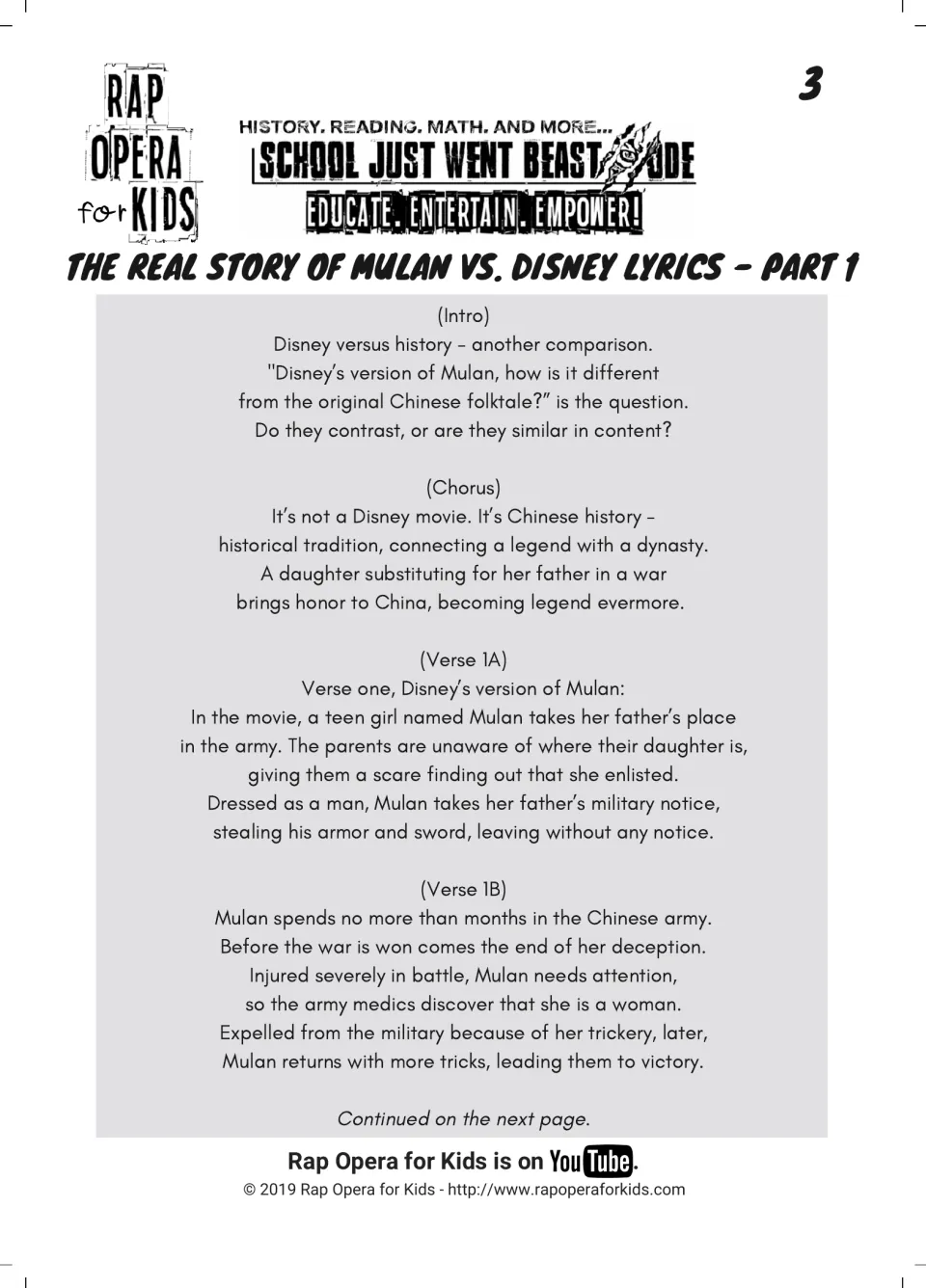 Rap lyrics part 1 comparing Disney's Mulan with the real story: intro, chorus and verses on joining and leaving the army