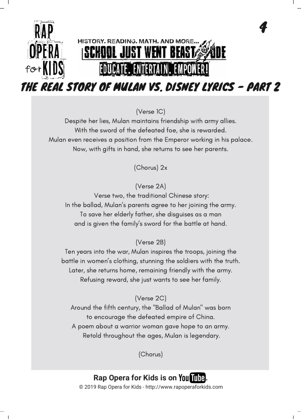 Rap lyrics part 2 on Mulan's reward and the traditional fifth-century Chinese ballad of a warrior woman giving hope