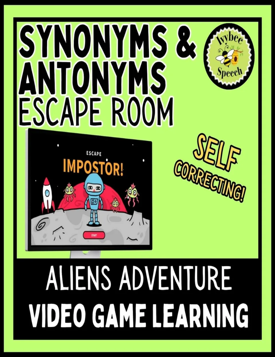 Synonyms & Antonyms Escape Room cover: a self-correcting aliens adventure video game with an Escape Impostor start screen