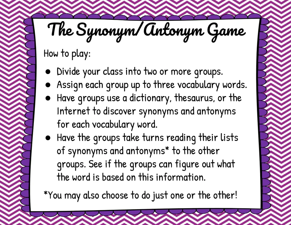 Game directions: groups research synonyms and antonyms for up to three words, then read clues for others to guess.