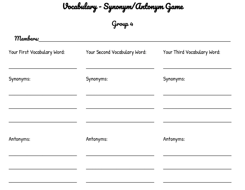 Group 4 recording sheet for the vocabulary game: three assigned words and their synonyms and antonyms.