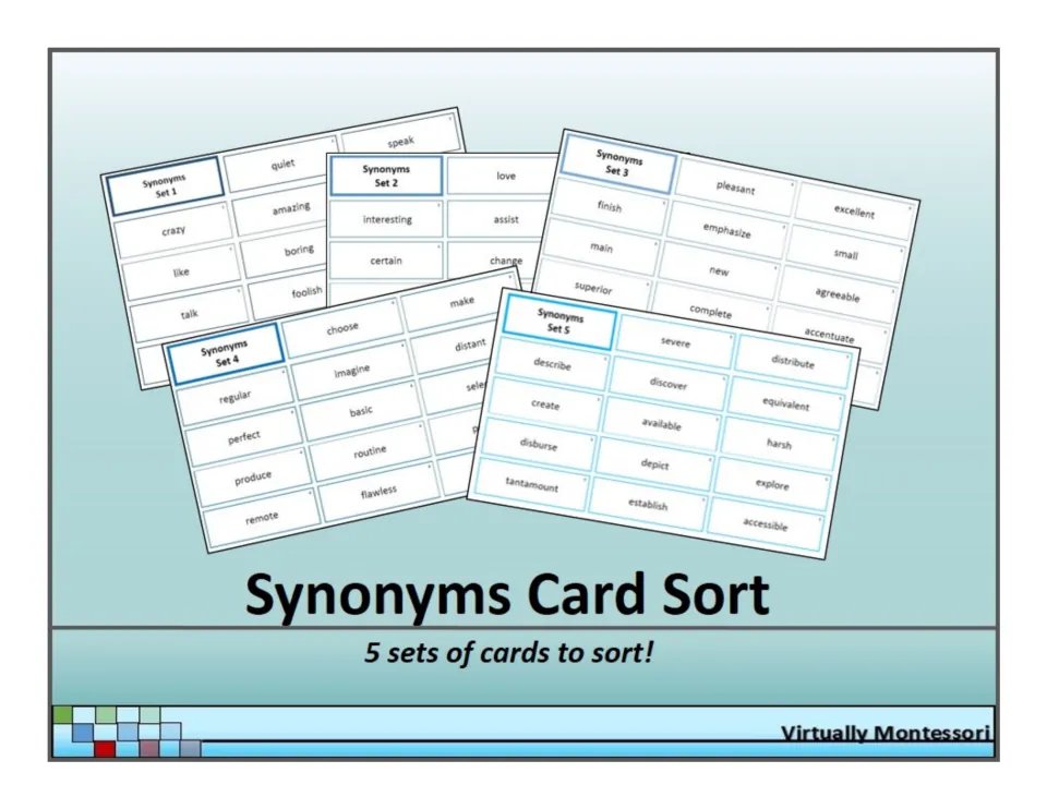 Synonyms Card Sort cover: five sets of word cards to sort, such as quiet, speak, love, pleasant, choose and severe