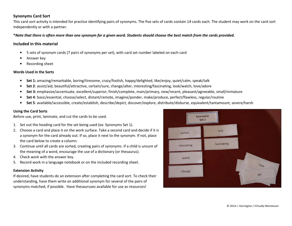 Teacher directions for matching synonym pairs: word lists for all 5 sets, sorting steps, an extension and a photo of Set 2