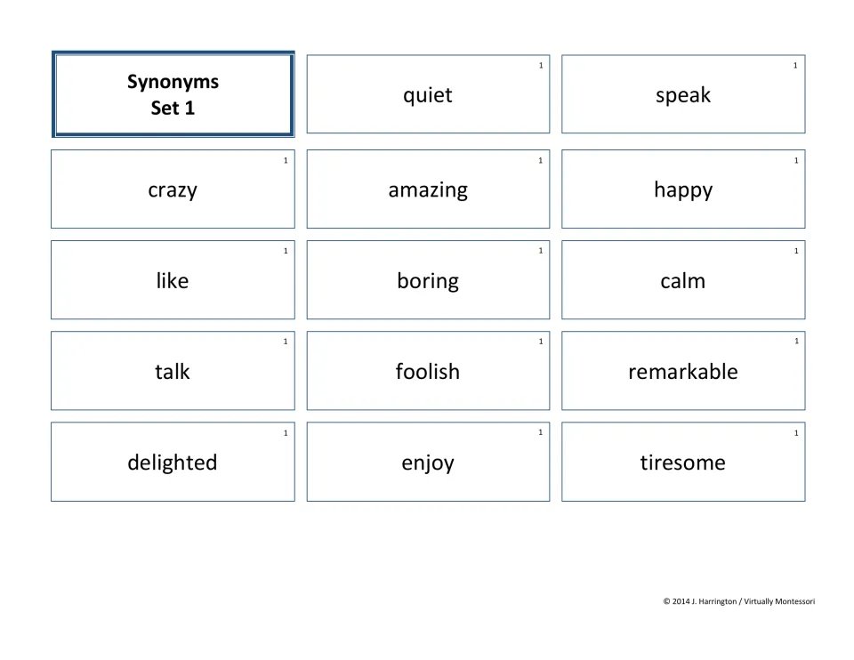 Synonyms Set 1 cards: students pair synonyms such as quiet/calm, speak/talk, happy/delighted, boring/tiresome