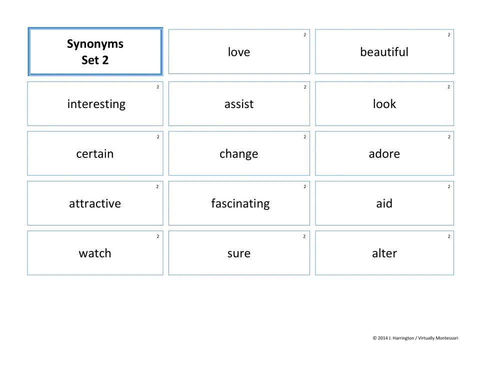 Synonyms Set 2 cards: students match synonym pairs like love/adore, assist/aid, certain/sure, change/alter and look/watch
