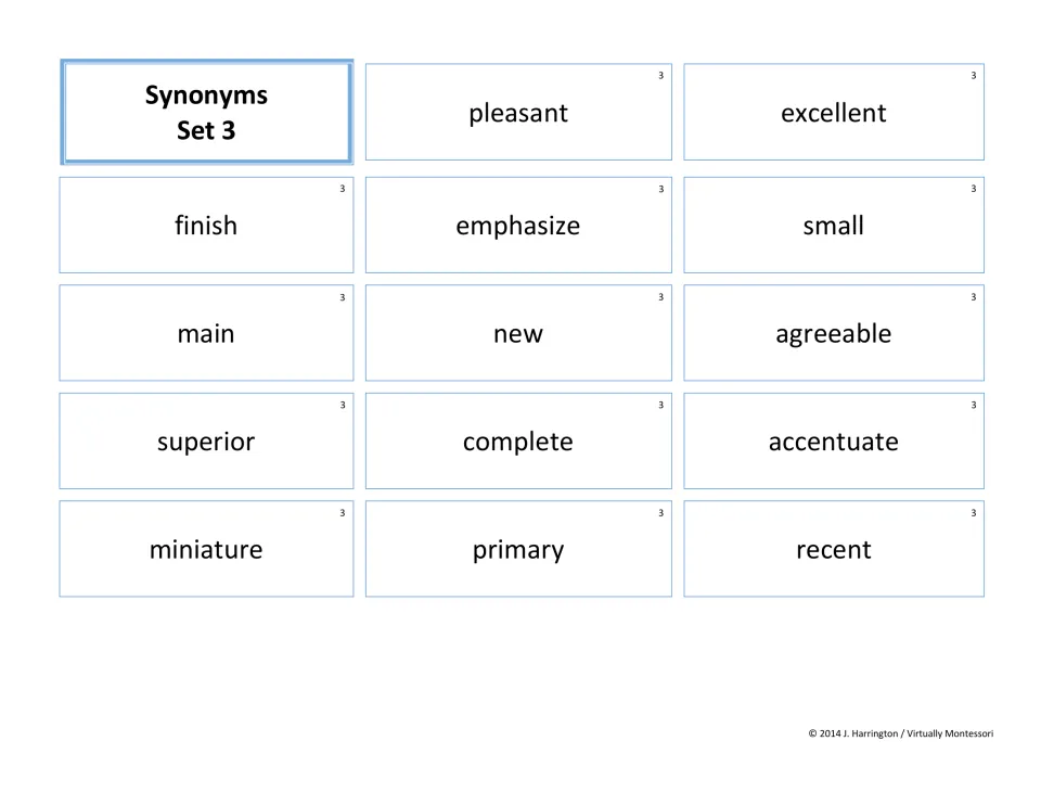 Synonyms Set 3 cards: students match pairs including emphasize/accentuate, finish/complete, main/primary, small/miniature