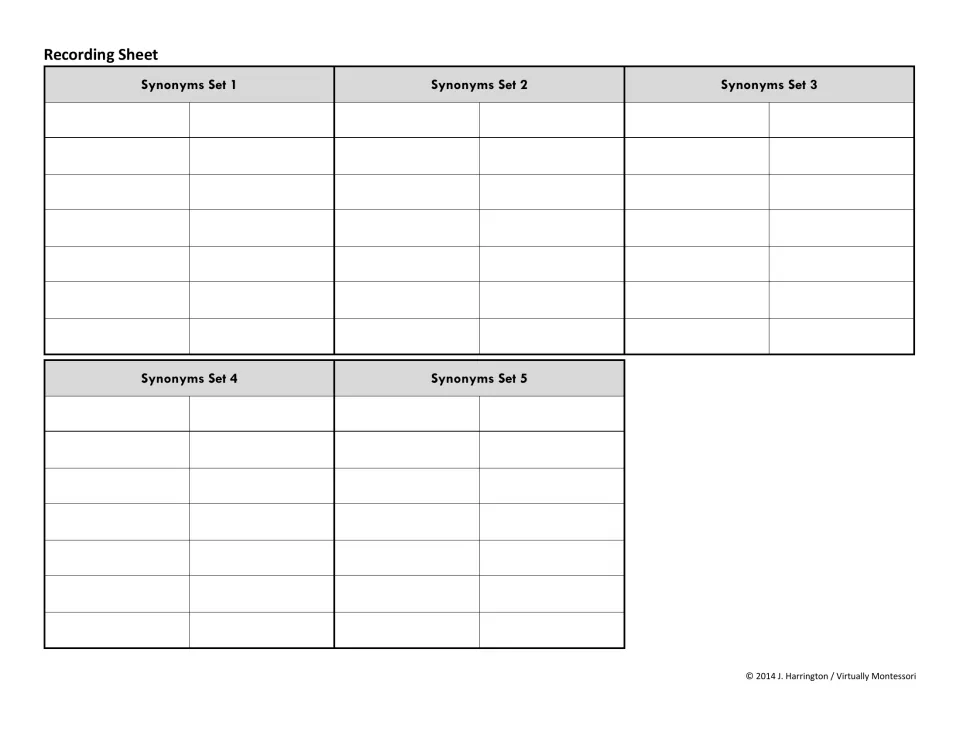 Recording sheet for synonym pairs: students write the seven matched word pairs from each of Synonyms Sets 1 through 5