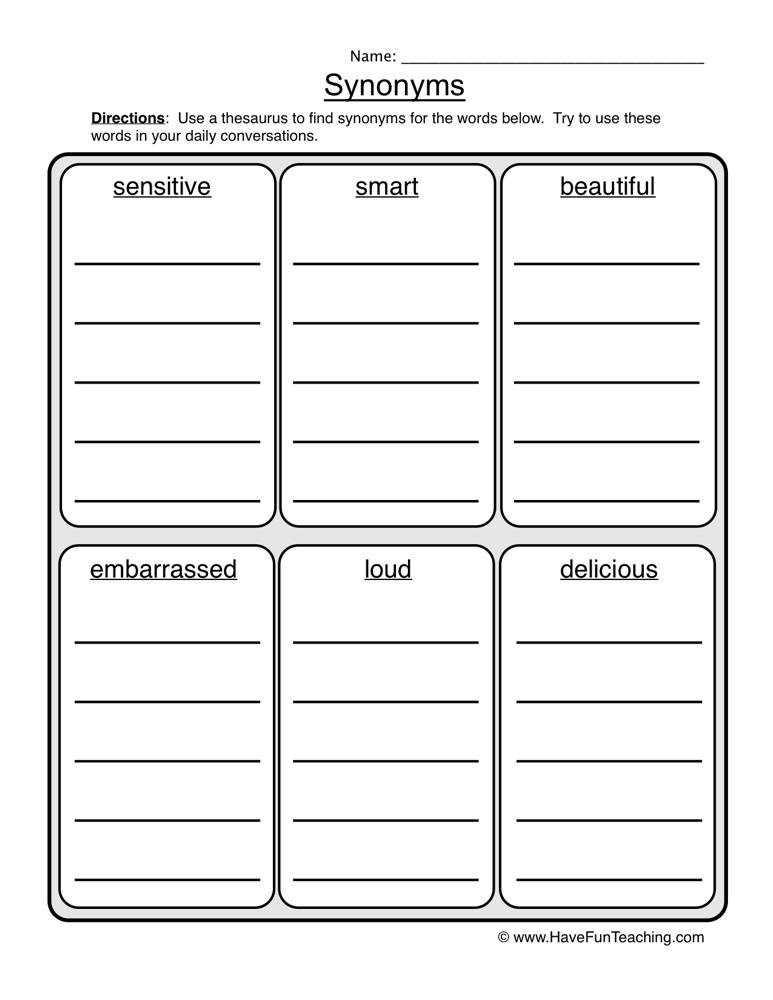 Synonyms List Worksheet by Teach Simple