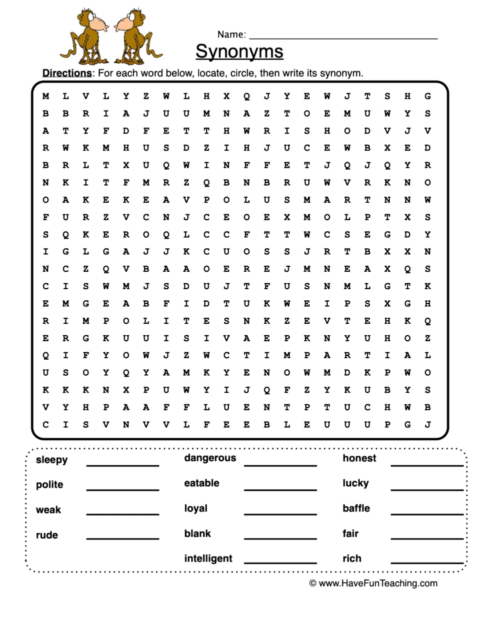 Synonyms word search: students find and circle a synonym for 14 words such as sleepy, polite and loyal, then write it