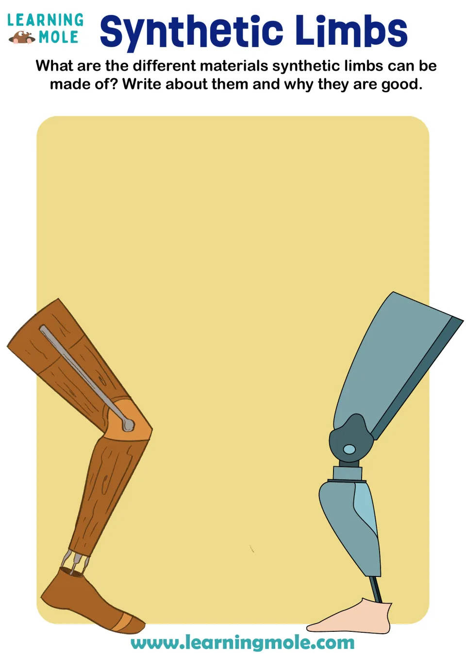 Synthetic limbs writing task: students describe materials prosthetic limbs are made of, shown by a wooden and a modern leg