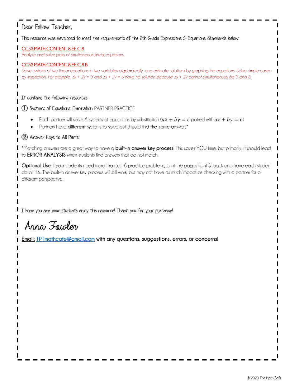Teacher letter on solving systems by elimination: lists CCSS 8.EE.C.8 standards, partner setup and answer key use