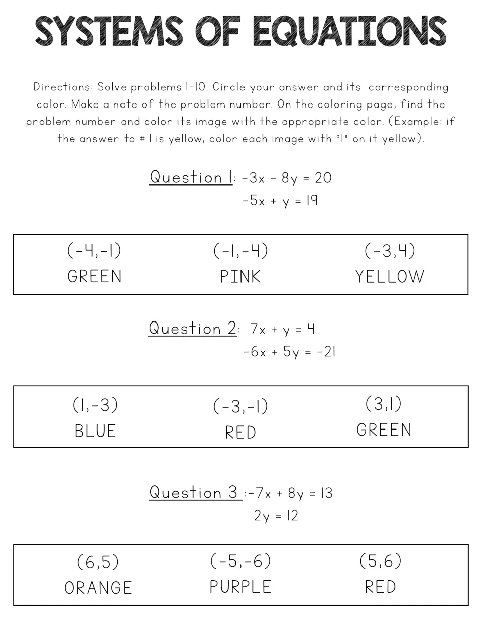 Systems of equations, questions 1-3: students solve each pair of linear equations and circle the matching point and color