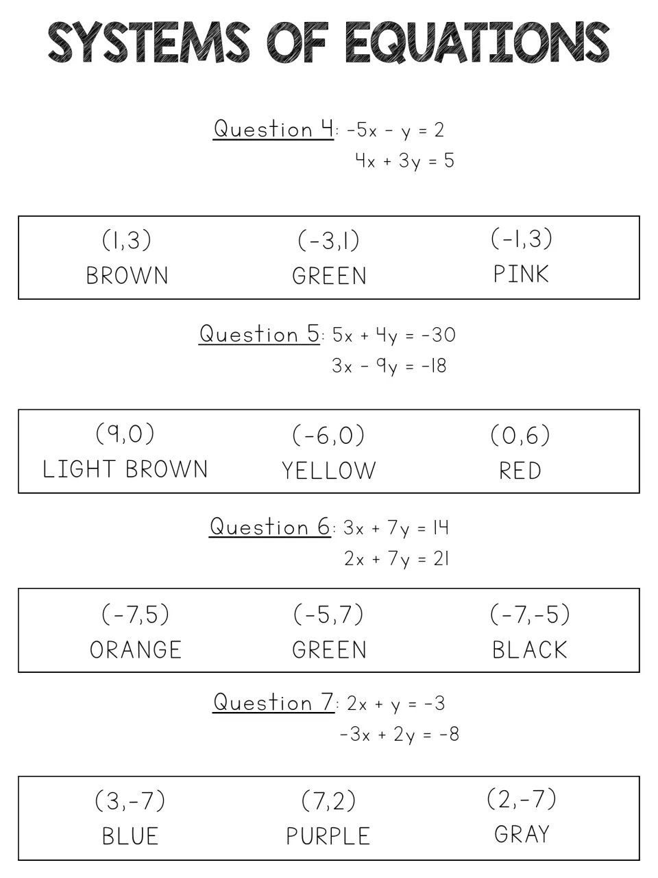 Systems of equations, questions 4-7: students solve linear pairs and pick the ordered pair and color from three choices