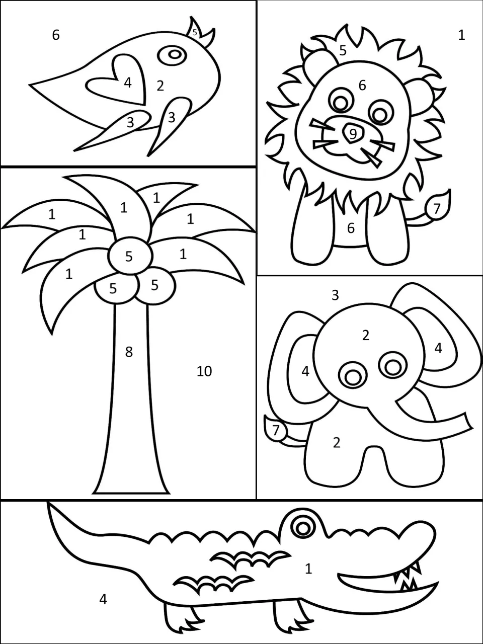 Color-by-number page: a bird, lion, palm tree, elephant and crocodile with areas numbered 1-10 to match each question