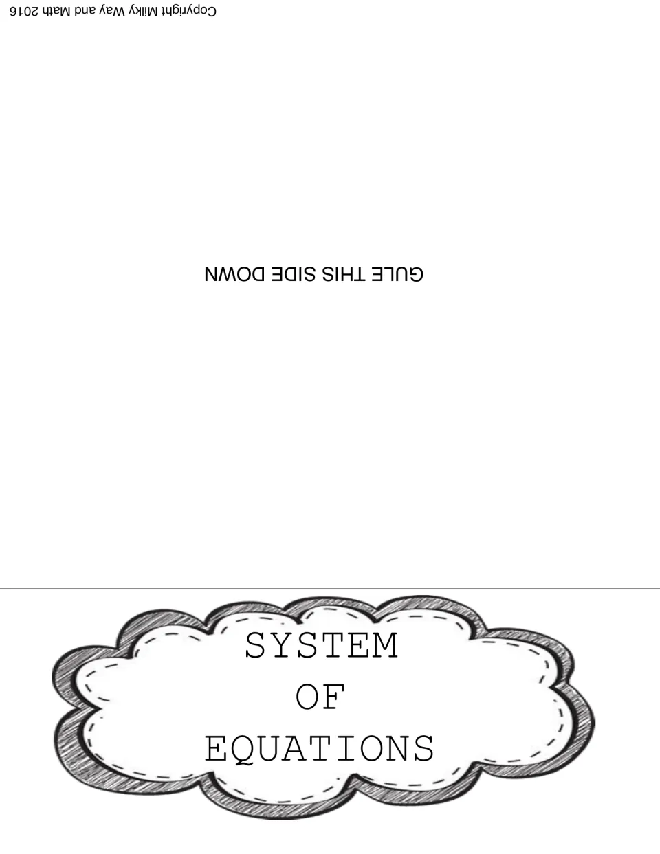 Flipbook cover labeled 'System of Equations' with 'Glue This Side Down' instructions for assembly