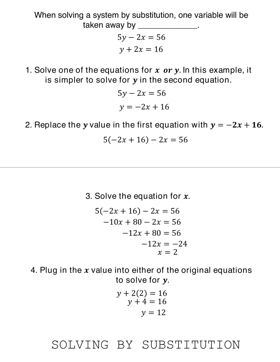 Flipbook substitution example solves 5y − 2x = 56 and y + 2x = 16 in four steps, giving x = 2 and y = 12