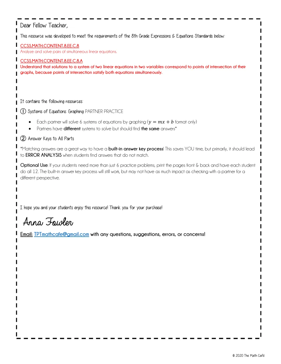 Teacher note: each partner graphs 6 systems in y = mx + b form, and matching answers prompt error analysis