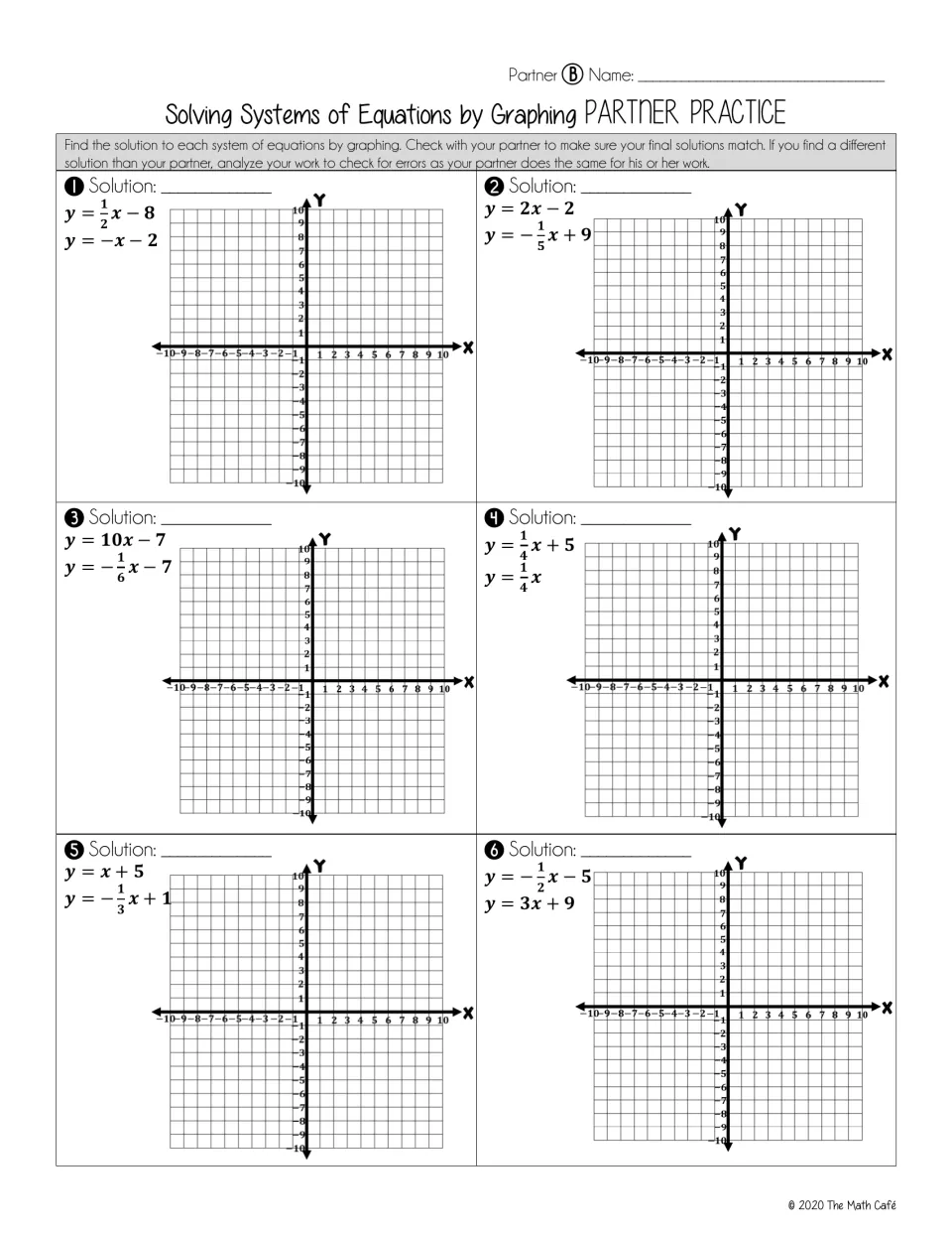 Partner B sheet: graphing 6 different linear systems, such as y = 1/2x - 8 and y = -x - 2, to find where each pair meets