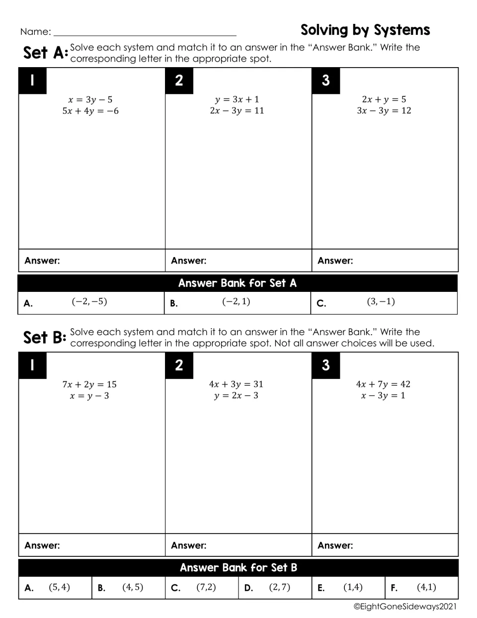 Solving by Systems, Sets A and B: students solve six systems of equations and match each solution to an answer bank letter