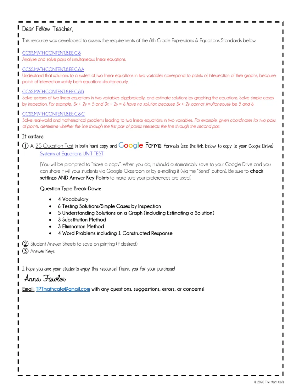 Teacher note: question-type breakdown for a 25-question systems test, with answer sheets and answer keys listed