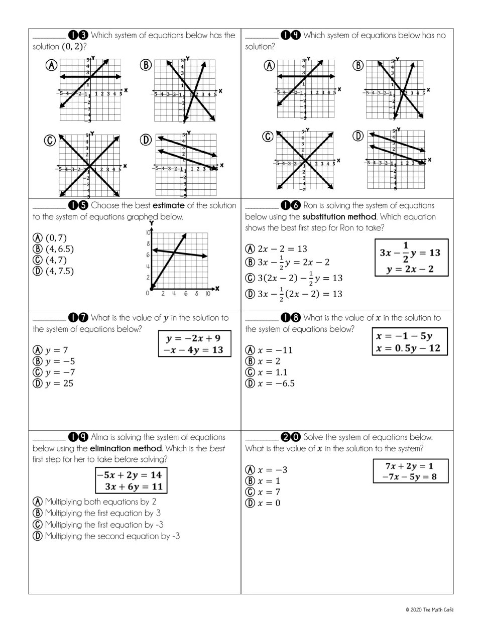 Systems test questions 13-20: pick graphs with a given solution or none, estimate a solution, substitution and elimination