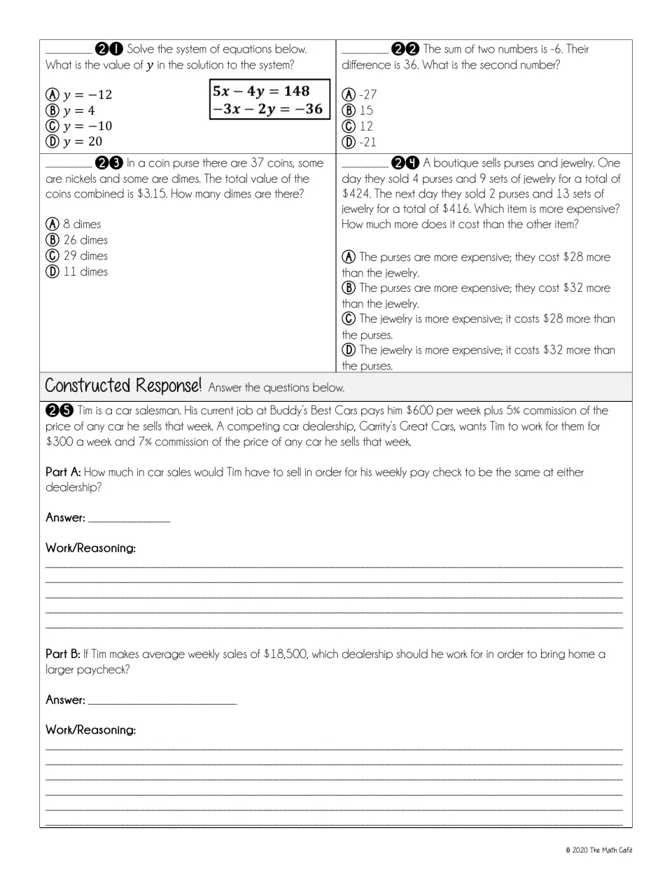 Systems test questions 21-25: solving for y, coin and purchase word problems, and a two-part car salesman pay comparison