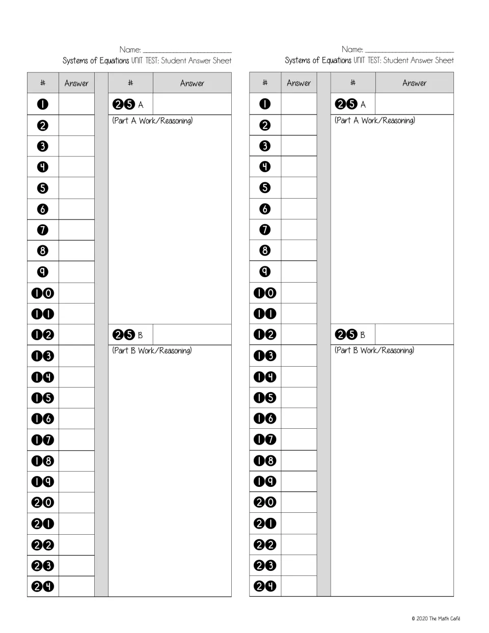 Student answer sheet, two per page: blanks for answers 1-24 plus work and reasoning space for question 25 Parts A and B