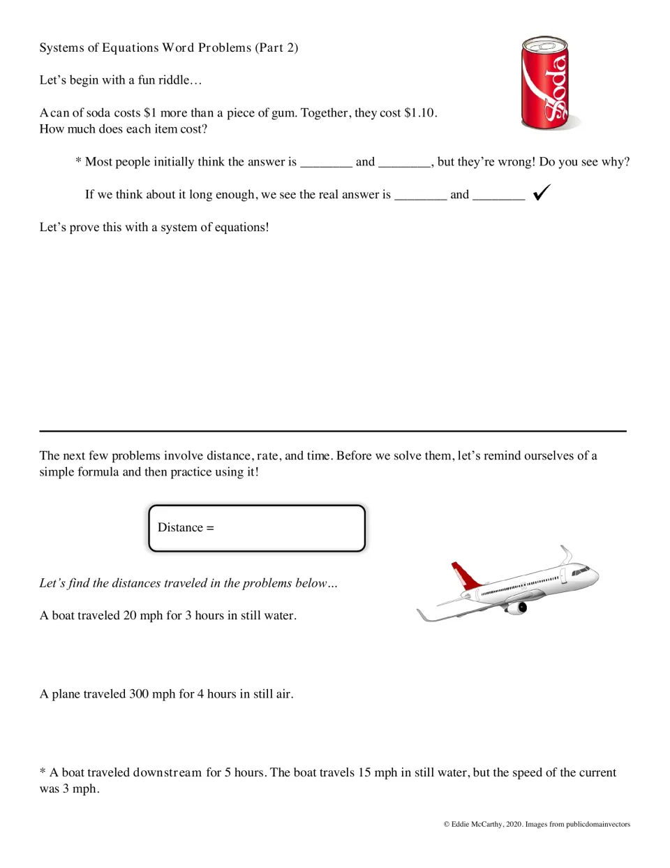Systems of equations notes, Part 2: students solve a soda-and-gum riddle, then find distances for boat and plane trips