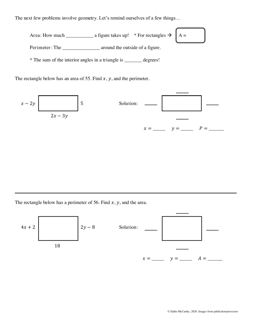 Geometry review of area and perimeter: students solve for x and y from rectangle side expressions, then find P or A