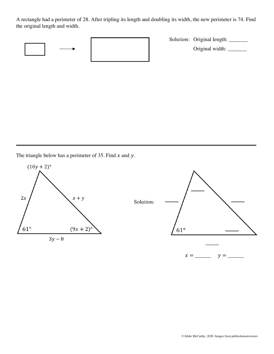 Rectangle and triangle problems: students find original length and width after scaling, and x and y in a 61° triangle