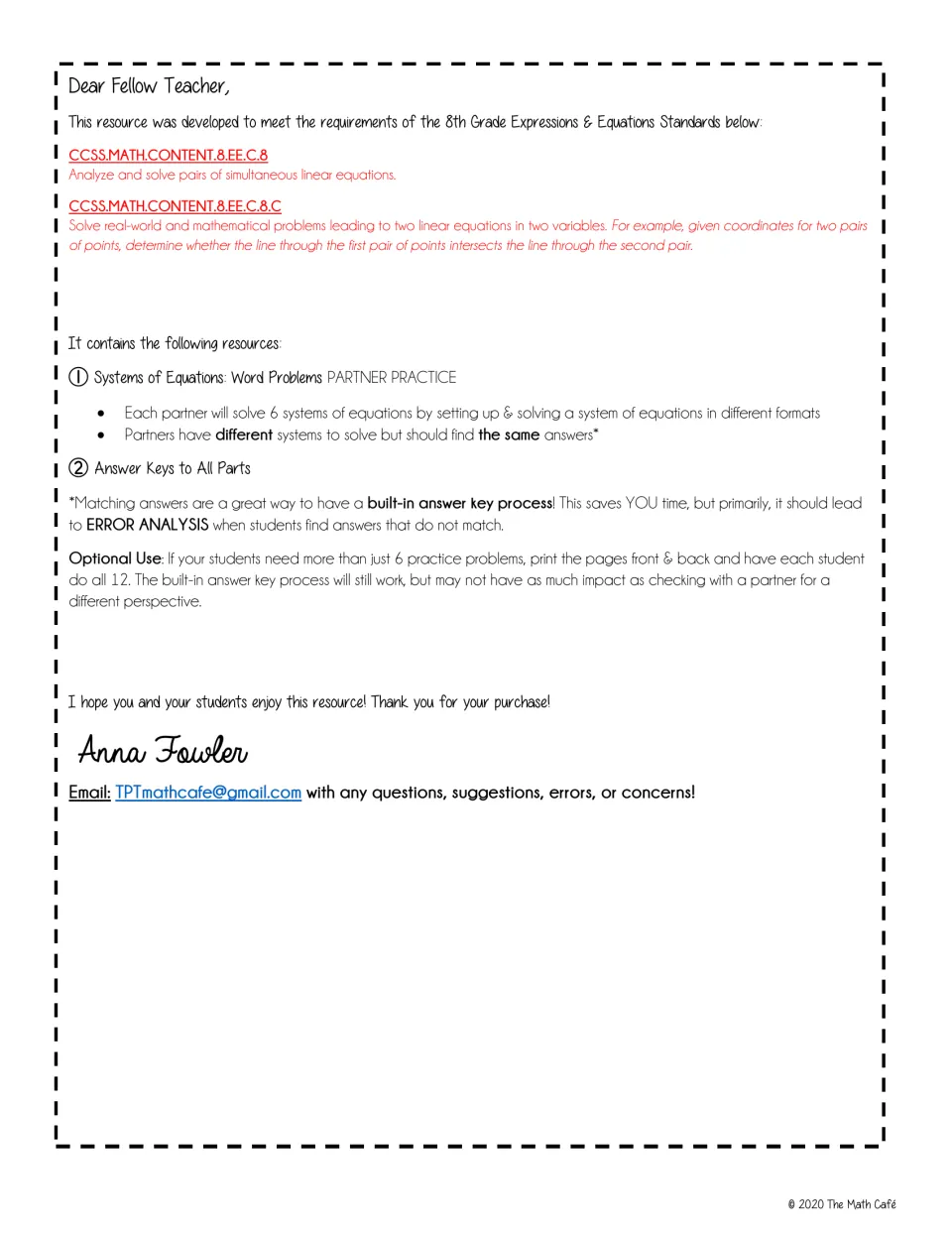Teacher guide for partner practice: six systems of equations per student, matching answers, and optional use